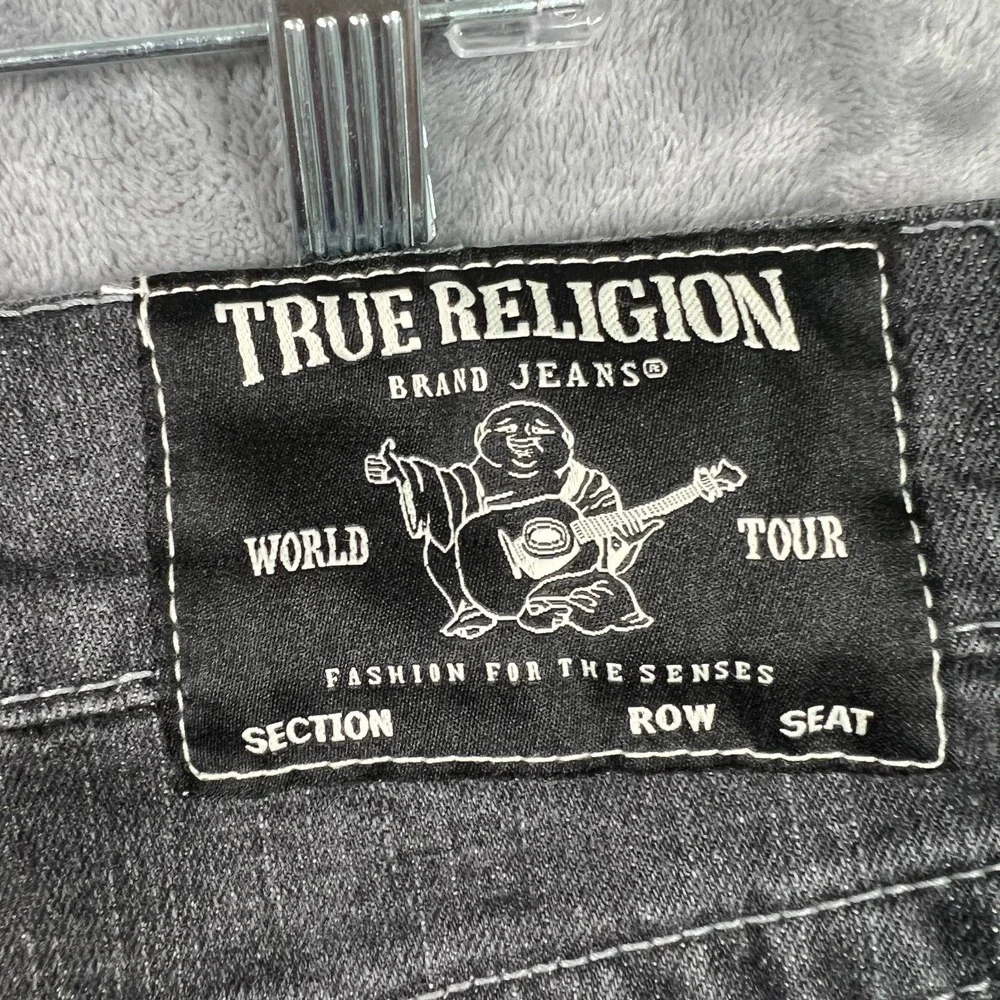 True Religion Ricky Relaxed Straight Jeans Men 38x34 Gray Distressed Flap Pocket